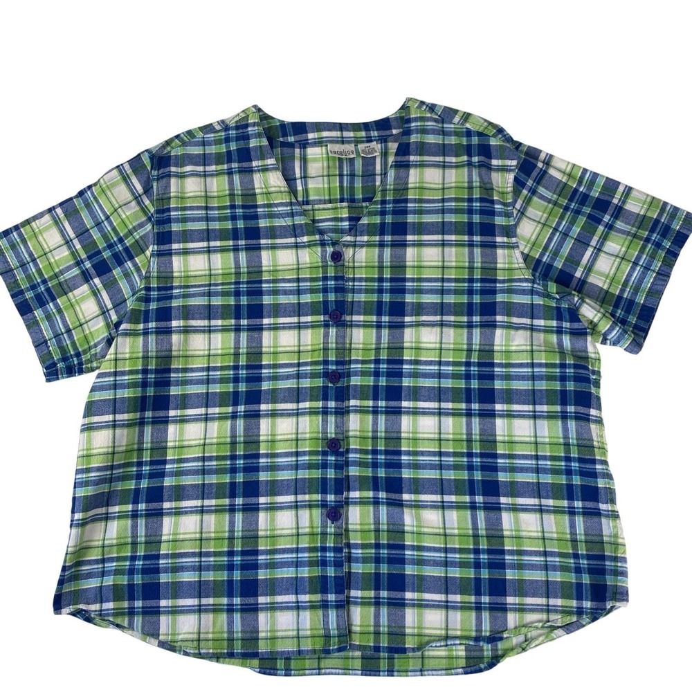 Carolina Colours Plus Plaid Button Up Shirt Women 24W Blue Green Cotton SS
